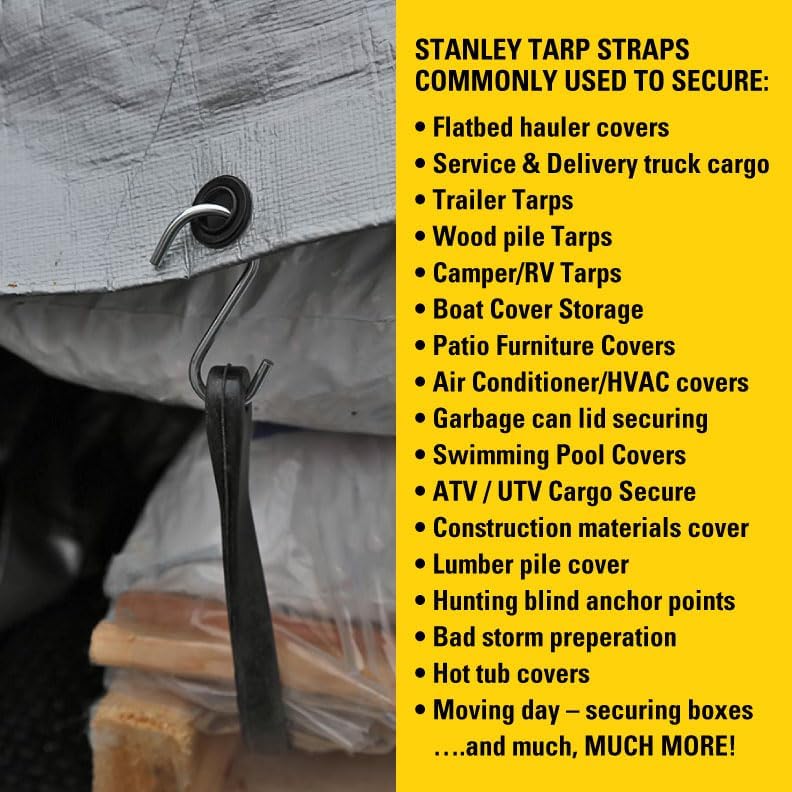 Miniatura 6 de STANLEY S300415 - Cuerdas elásticas de goma negras de 15 pulgadas para todo tipo de clima con ganchos en S para asegurar lonas, transportador de