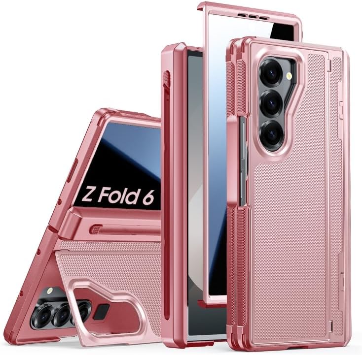 for Galaxy Z Fold 6 Case, S Pen Holder & Privacy Screen Protector & Kickstand & Hinge Protection, Slim Rugged Military-Grade Shockproof Protective Phone Case for Samsung Fold 6 Case (Pink)