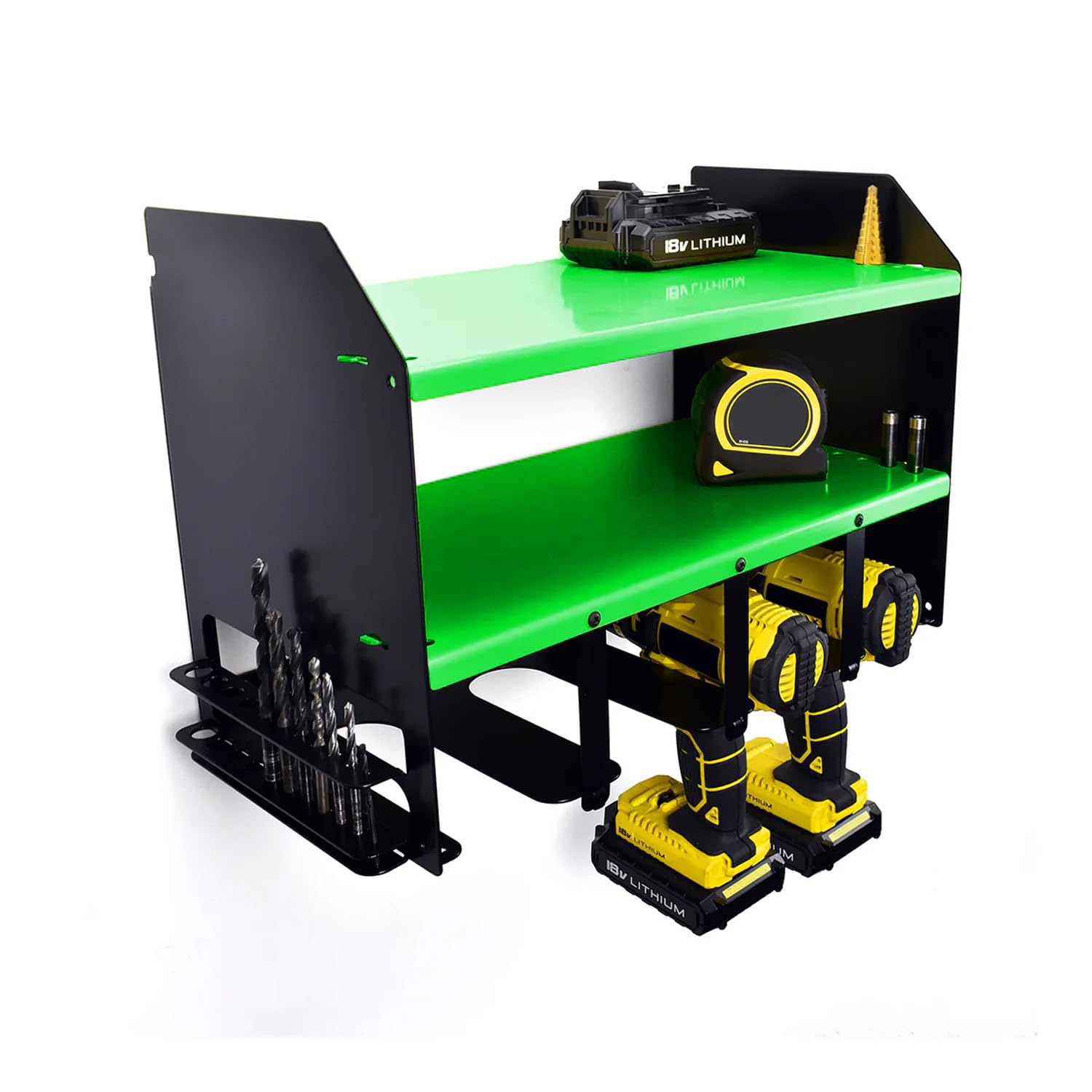 MegaMaxx UK Wall Mount Power Tool Storage Unit Green - Holds 4 Drills - Steel Charging Shelf Organiser for Garage, Workshop, Van or Shed - Drill Rack with Bit Holders - UK Made Heavy Duty Tool Station