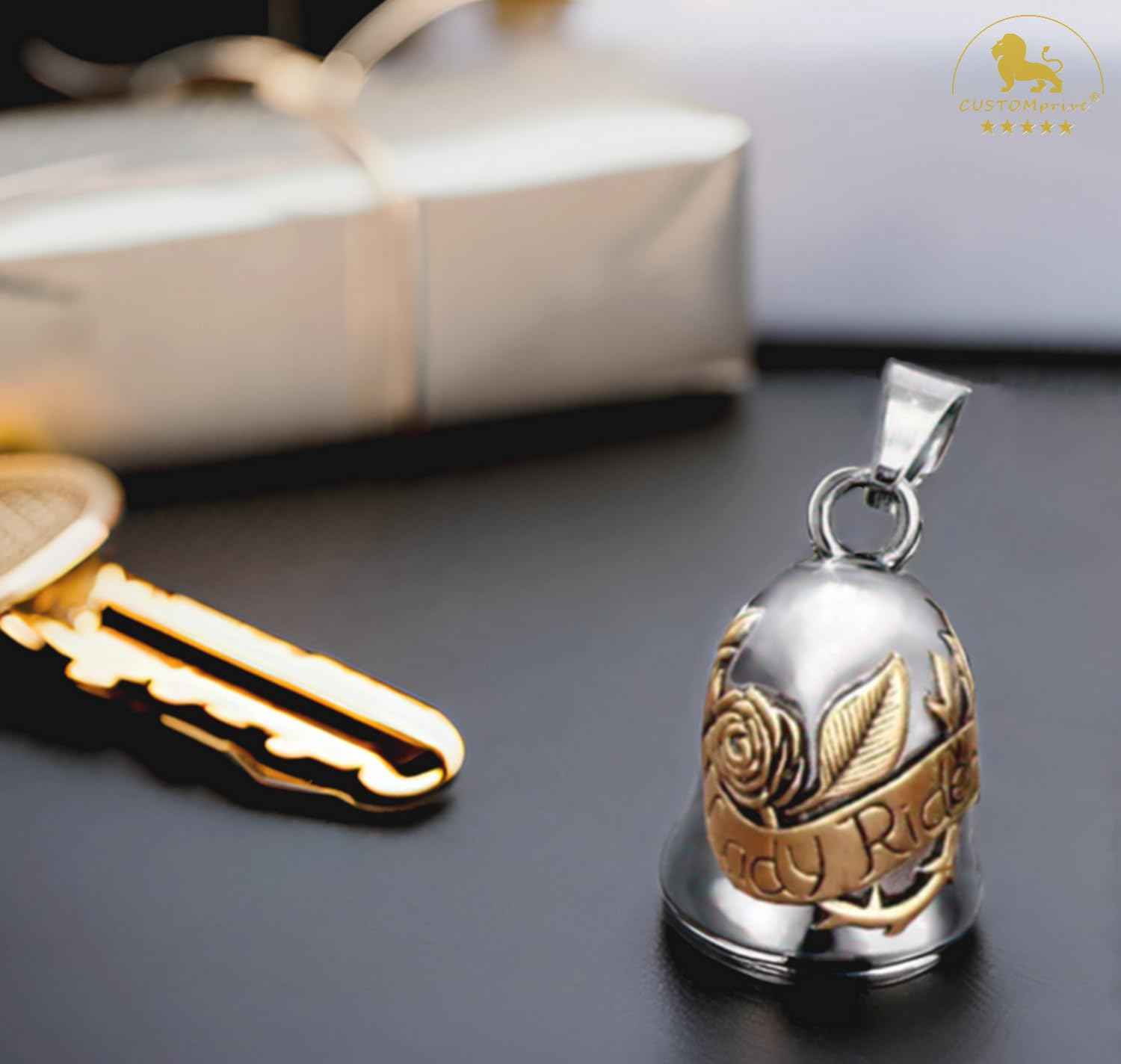 CUSTOMprivé Campanella Moto Donna Lady Rider con Rosa Portafortuna per Motociclista Biker Triker, Finitura Cromo e Dorato, Amuleto campana guardian bell gremlin