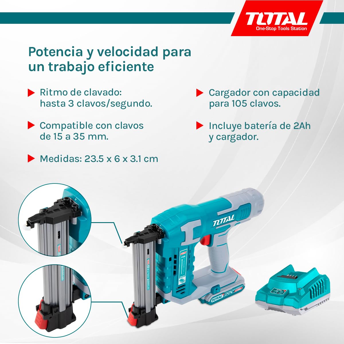 Total - Clavadora a Batería 20V - Pistola de Clavos para Carpintería y Bricolaje - Incluye Batería de 2Ah, Cargador y Maletín - Rápido Ritmo de Clavado y Diseño Compacto para Uso sin Cables