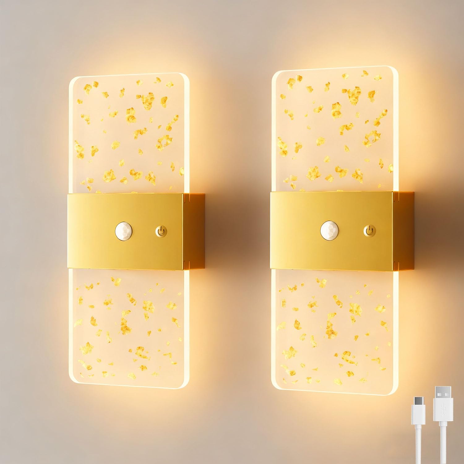 EaEa 2 Stück LED Acryl Wandleuchte mit Bewegungsmelder Innen Akku Wandlampe Ohne Stromanschluss Kabellos Nachttischlampe Touch Dimmbar Aufladbare 2600mAh Magnetische Wandbeleuchtung Ohne Bohren,Gold