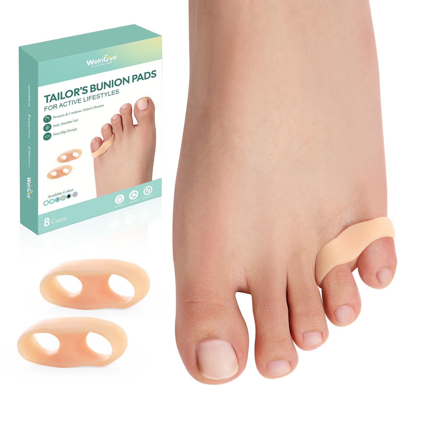 Welnove Tailor's Bunion Corrector Pads - 8 Pack Pinky Toe Protector for Overlapping Toe, Bunion Cushion with Separator for Women Men, Gel Shield for Foot Pain Relief, Beige(Sport Spacers)