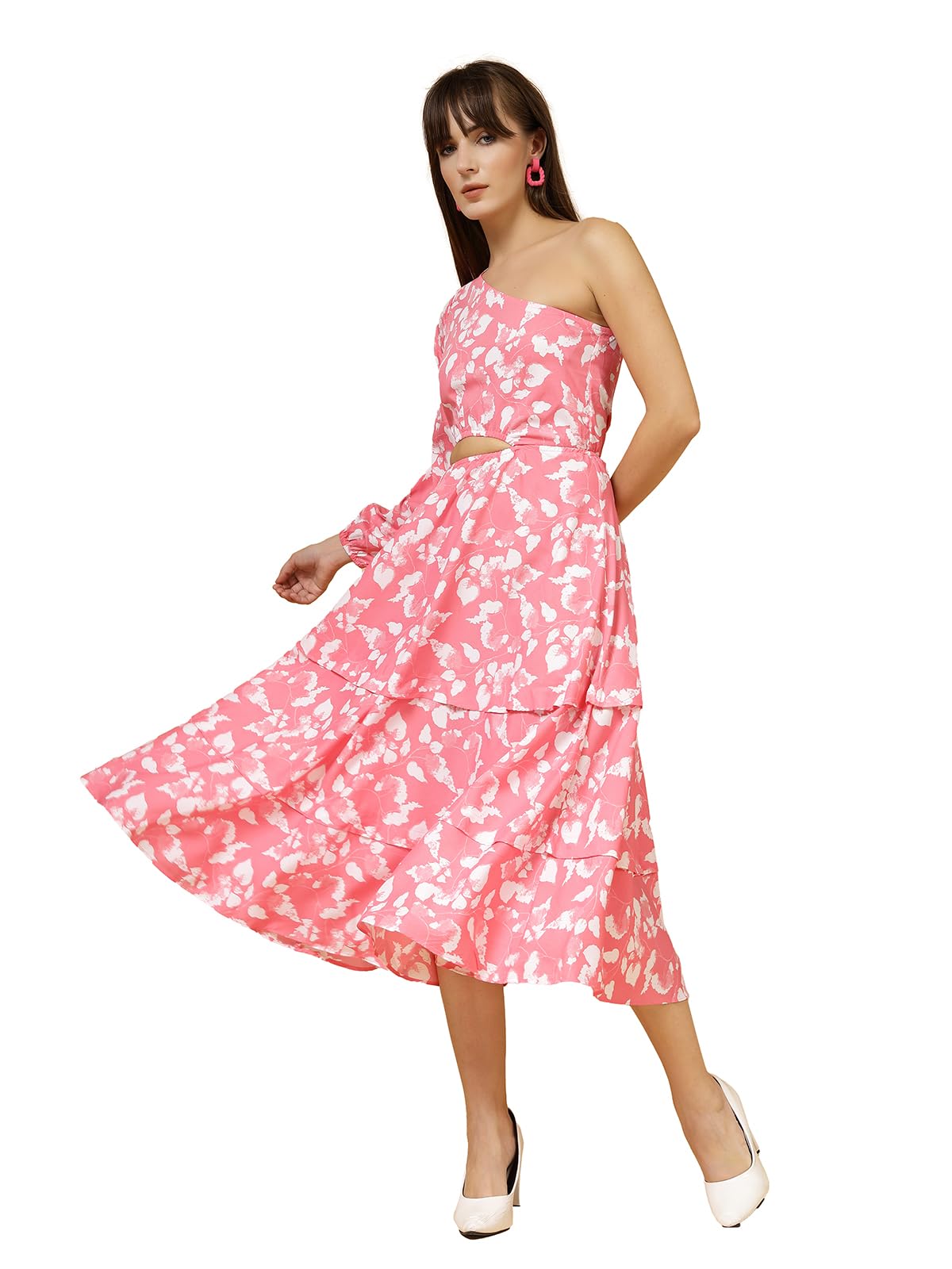 Oomph Women's Western & Fusion Wear Printed Crepe Dress For Women, One Shoulder, Pink - Md1062