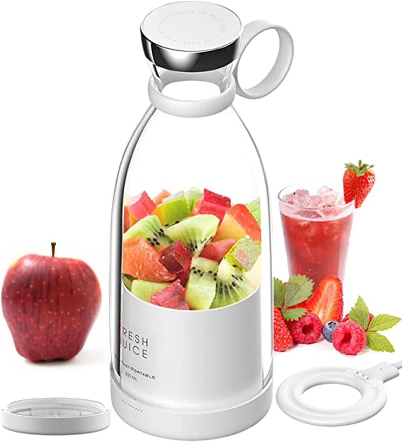 Mixeur Portable 350ML, Blender Smoothie Mini, Fresh Juice Bouteille, Multifonctionnel Personal Bottle avec USB Rechargeable (Blanc+Couvercle)