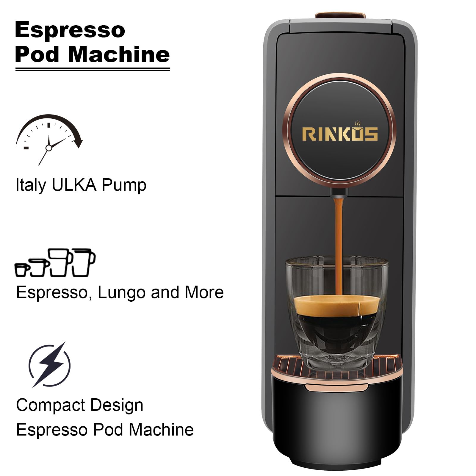 Rinkos Black Espresso Machine for Nespresso Compatible Capsule, Single Serve Coffee Maker Programmable for Espresso Pods, Premium Italian 20 Bar High Pressure Pump ?Mini Coffee and Espresso Machine