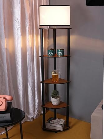 AMDHOME Cotton Off White & Black Shelf Floor Lamp - -Wooden (12x12x65.5) Inches-17