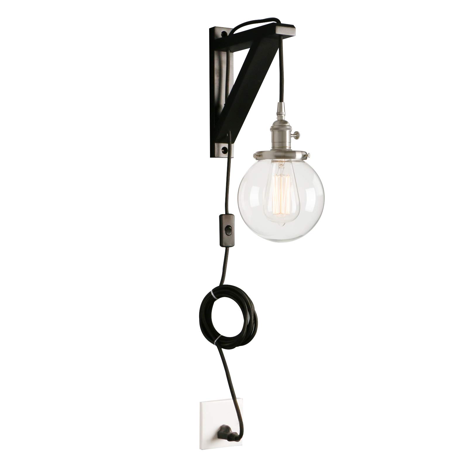 Phansthy Plug in Wall Light, Vintage Industrial Indoor Lighting Fixtures with Switch, Retro Wall Lamps for Bedside Loft Hallway Bedroom Kitchen (Brushed)