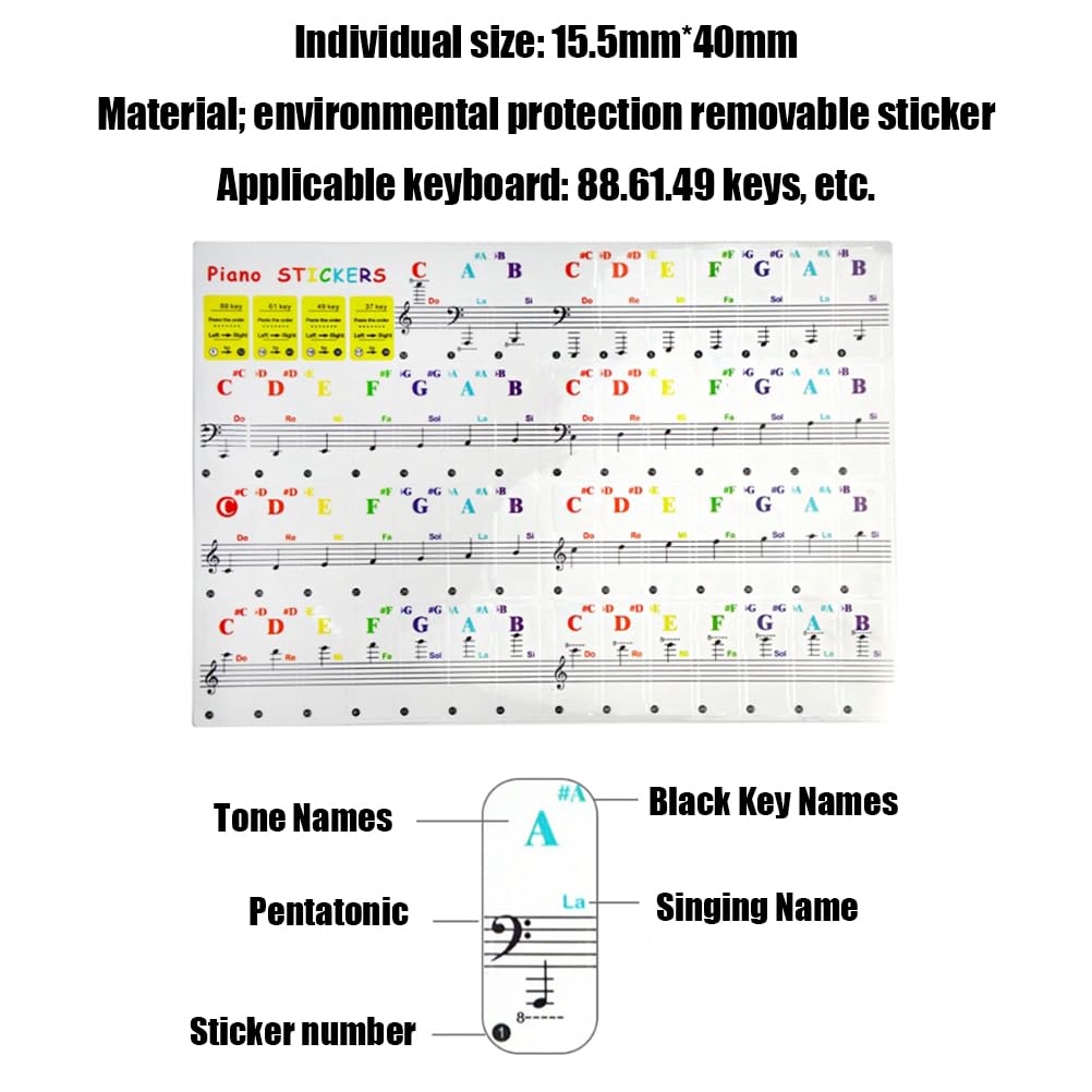 Klavier Keyboard Noten Aufkleber für 88/76/61/54/49/37 Tasten Farbige Klavieraufkleber für Keyboards Piano Kinder Lernen Anfänger