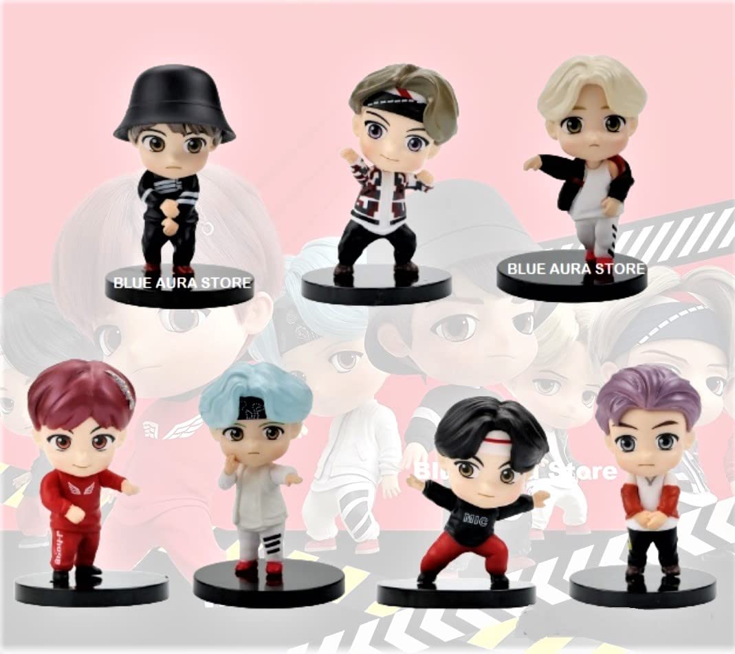 Blue Aura BTS Figures Mic Drop Version Set of 7 Tiny Tan Dolls BTS Figurines Cake Topper Gifting & Collectible Height - 7.8CM Multicolour PVC (BTS Mic Drop)