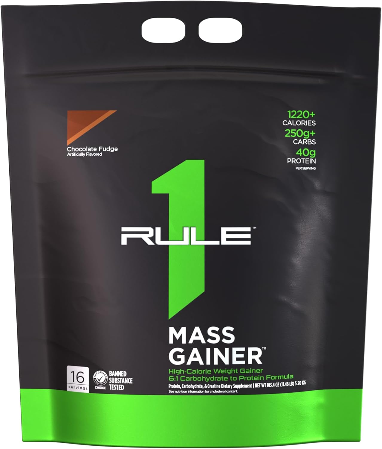 Rule 1 Proteins Mass Gainer - High-Calorie Weight Gain Formula with 1,220+ Calories, 250g+ Complex Carb Blend, 40g All-Whey Protein Per Serving (16 Servings, Chocolate Fudge)