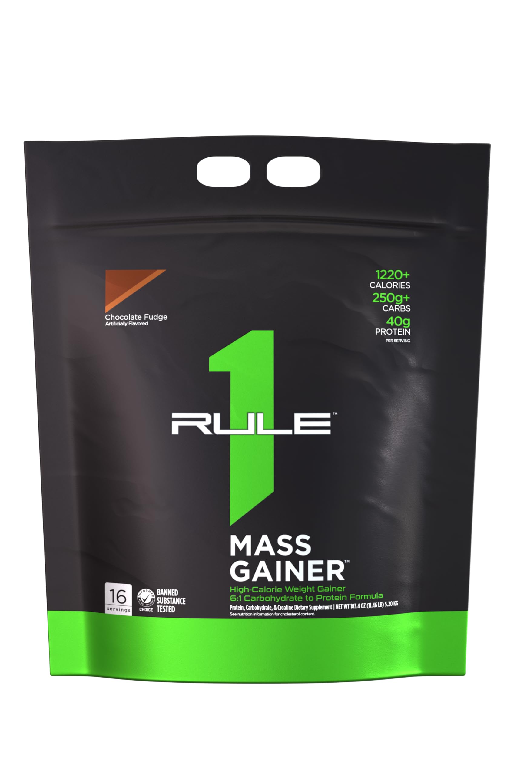 Rule1 1 LBS High-Calorie Mass Gainer Chocolate Fudge| 40g Protein 16 Servings 11.46 Lbs (5.20 kg)