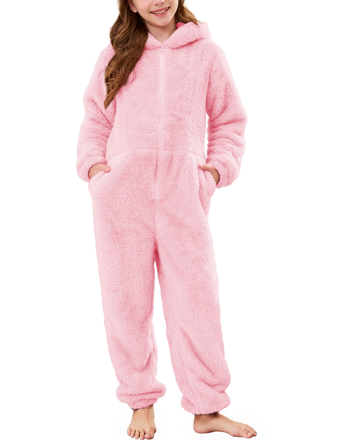 Flygo Girls Fleece Hooded Jumpsuit Fuzzy Winter Onesie Romper Costume
