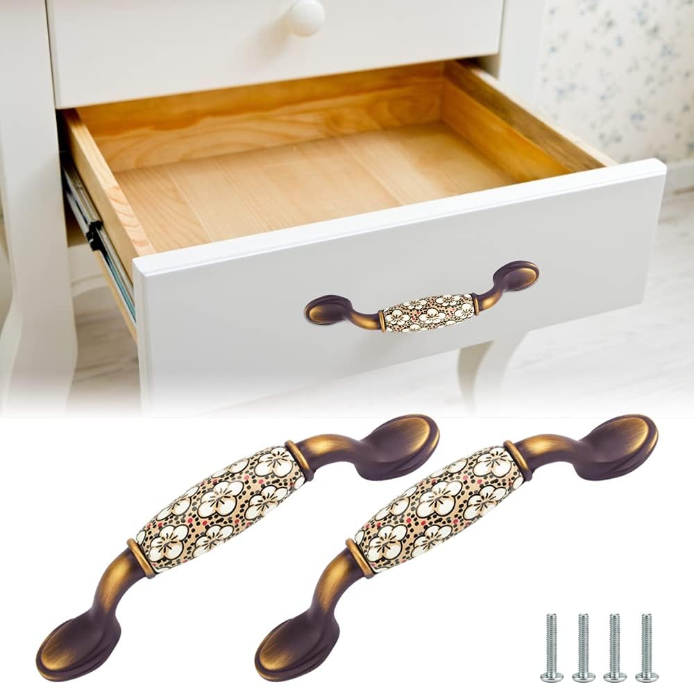 2PCS Vintage Ceramic Bow Pull Handles, (144 * 40mm) Rural Flower Pattern Door Handles Ceramic Handles with Screws Included Durable Ceramic Bow Handles for Wood Wardrobe Cabinet Drawer Home Decoration