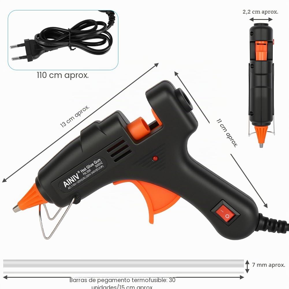 Ainiv Mini Pistola de Silicona Caliente 30 Barras de Pegamento (7 mm x 150 mm), Pistola Silicona Antigoteo de 30 W, para Arte, Empaques, Reparaciones y en el Hogar, Oficina y Escuela