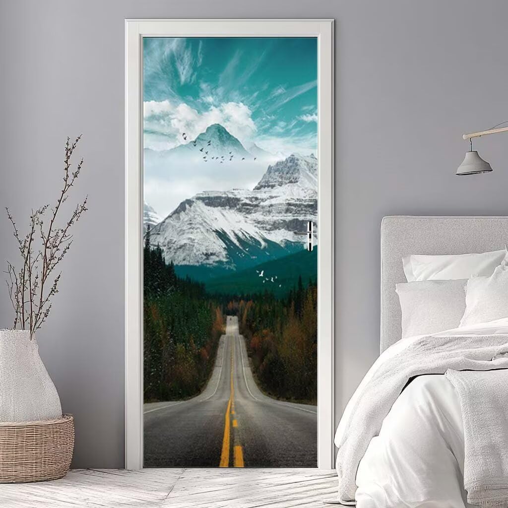 Door Stickers Murals Highway Snowy Mountains 3D Self Adhesive Door Decals for Interior Doors Waterproof Wall Decals Poster Sticker Wallpaper for Bedroom Bathroomr 37.4"X84.6"/95X215cm -DS3721