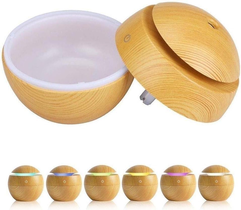 Image of Desidiya Round Magic Wooden Cool Mist Diffuser, Essential Oil Diffuser with LED Night Light for Car, Office, Home, Bedroom, One Click Aroma Therapy Humidifier for Plant and Baby Nursery - Light Brown