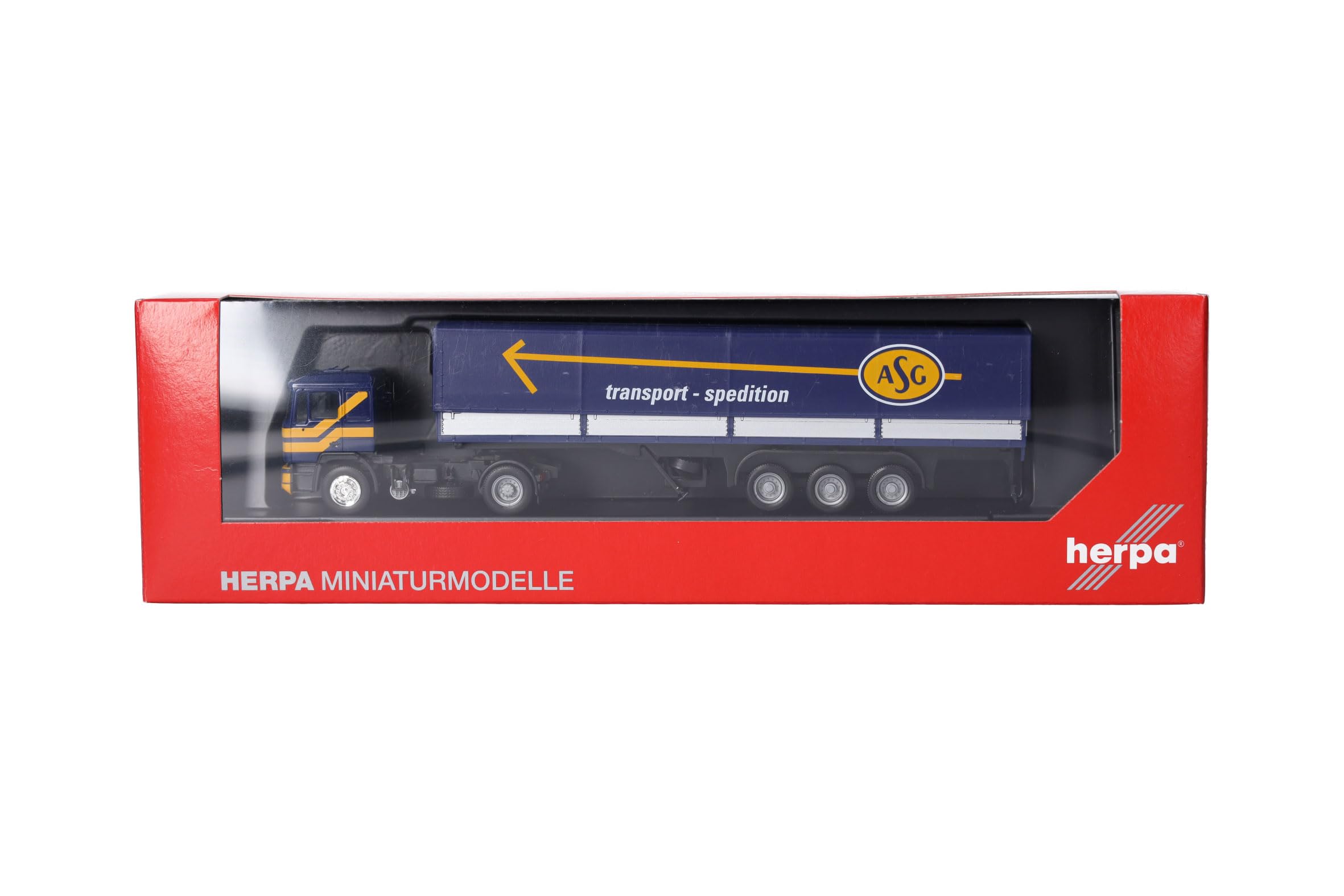 Herpa model ciężarówki MAN F90 naczepa plandekowa „ASG” (Szwecja), miniatura w skali 1:87, model kolekcjonerski, wyprodukowano w Niemczech, tworzywo sztuczne