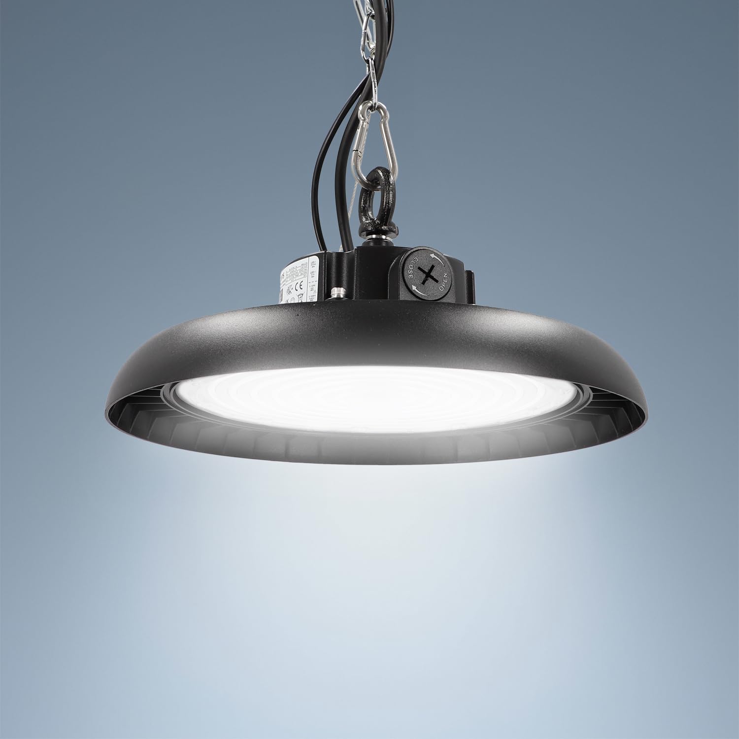 LED High Bay Hallenstrahler 150W mit PREMIUM-Marken-Treiber dimmbar (1-10V) kaltweiß 6000K 31.500lm 210lm/W 90° IP65 Industrielampe Werkstattbeleuchtung Ø300xH110mm 5 Jahre Garantie