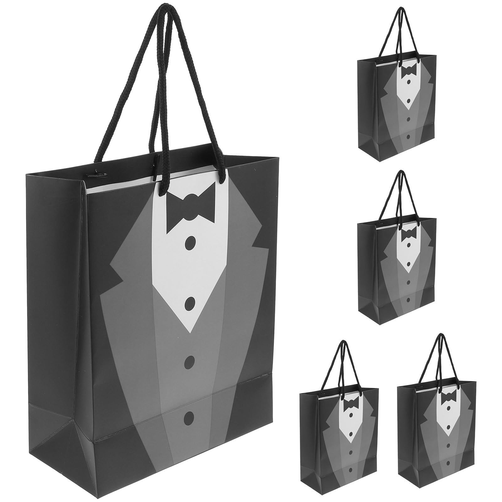 Amosfun 5pcs Tuxedo Gift Bags, Black Groomsmen Gift Wrapping Bags with Handle for Wedding Fathers Day Anniversary (Medium)
