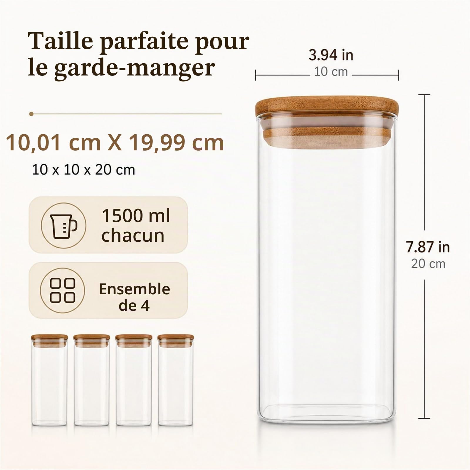 WOPPLXY Lot de 4 Bocaux en Verre Hermétique, 1500ml Bocaux Rangement Cuisine, Bocauxs Verre Couvercle Bois pour Conserver les Grains de Café, Noix, Biscuits, Pâtes, Grains | Hautement hermétique ; 10 x 10 x 20 cm (L x l x H) ; convient pour stocker des cé
