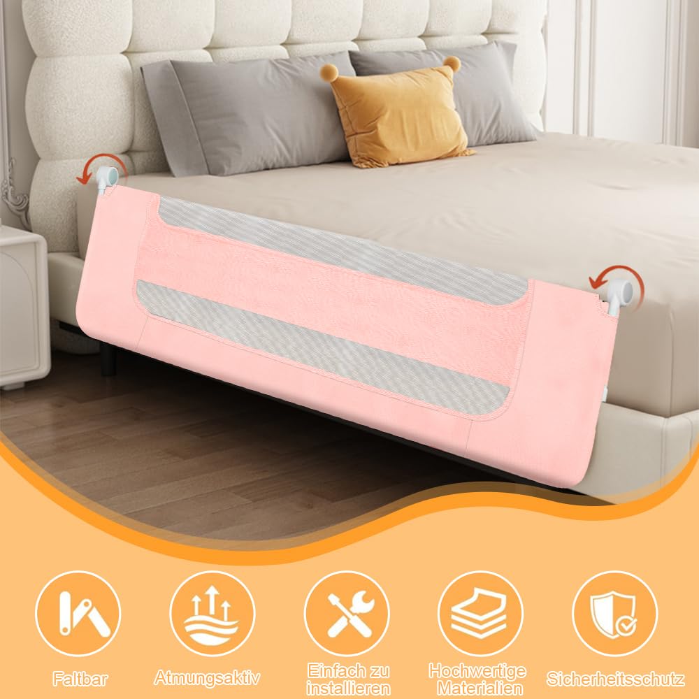 Barrière de Lit Bébé 200×73-86cm Réglable Hauteur Anti-Chute Rose