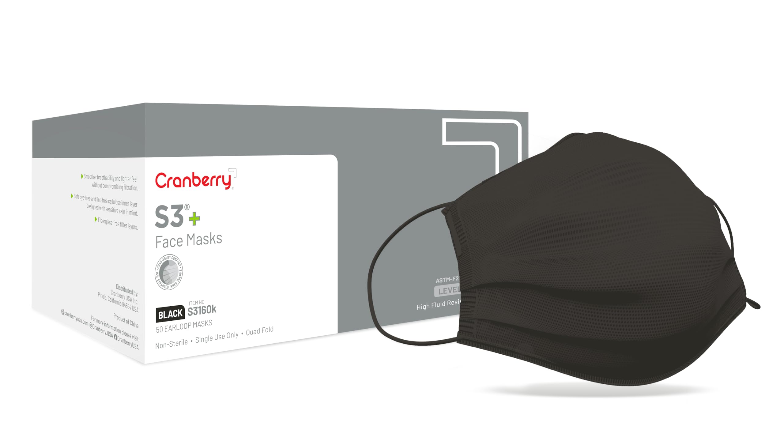 - Cranberry USA S3160K S3+ Earloop Face Mask, 3-Ply, Disposable, Black, Pack of 50