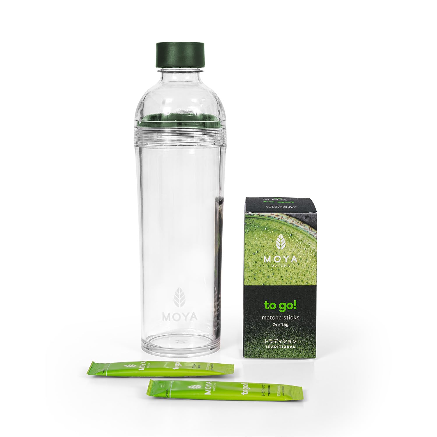 Moya Matcha To Go! Set Bio | 24 Stück x 1,5 g Matcha-To-Go-Sticks + 400-ml-Shakerflasche | Set für die schnelle Matcha-Zubereitung | Ideal für die Arbeit, das Fitnessstudio oder unterwegs