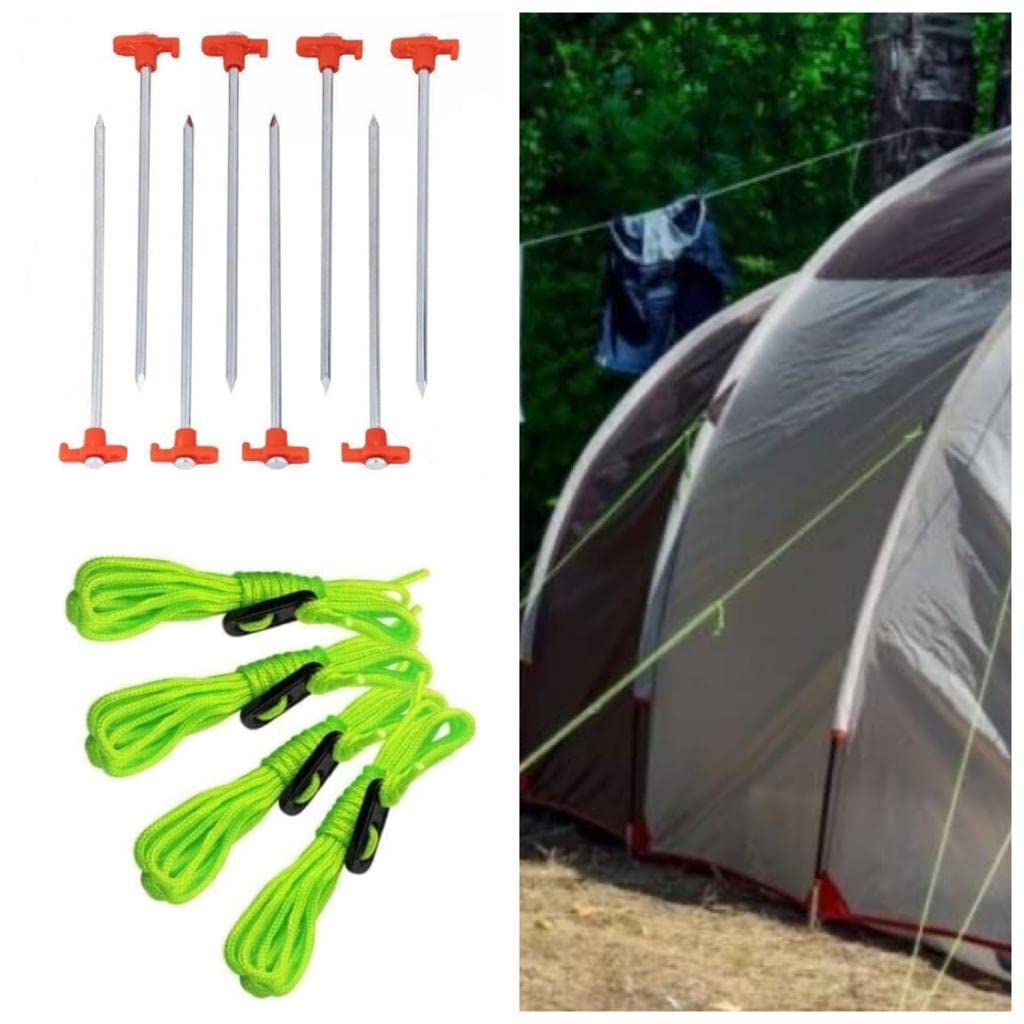 ADEPTNA Large Pack of 8 Heavy Duty Storm Proof Galvanized Steel Rust Proof Tent Pegs With 4 Pack Tent Guy Ropes Reflective with Tension Adjuster