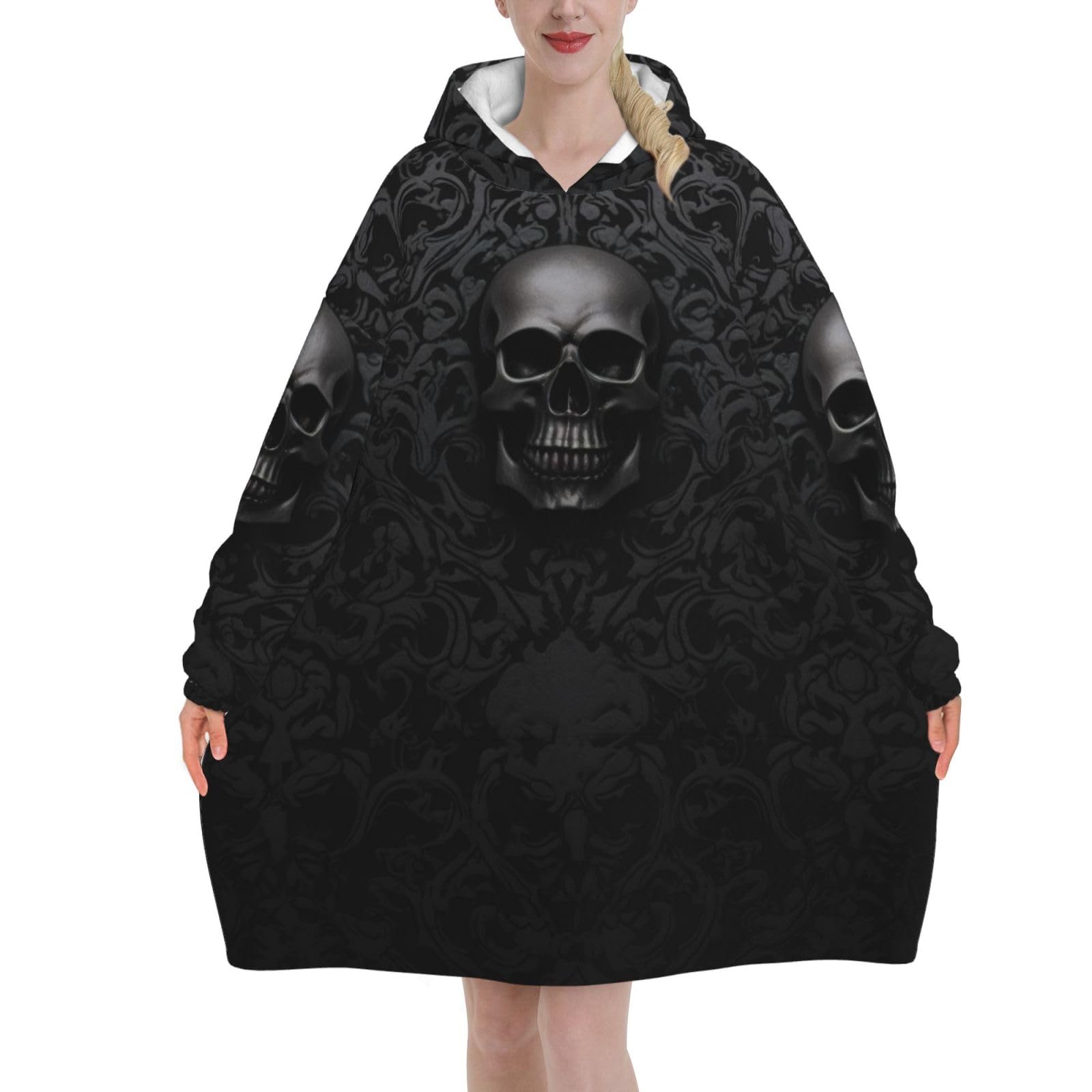Gothic Wallpaper Skull Print Wearable Blanket Hoodie For Adult, Super Warm Hooded Sweatshirt, Oversized Cozy Flannel Blankets For Women Men With Pocket For Home, Camping