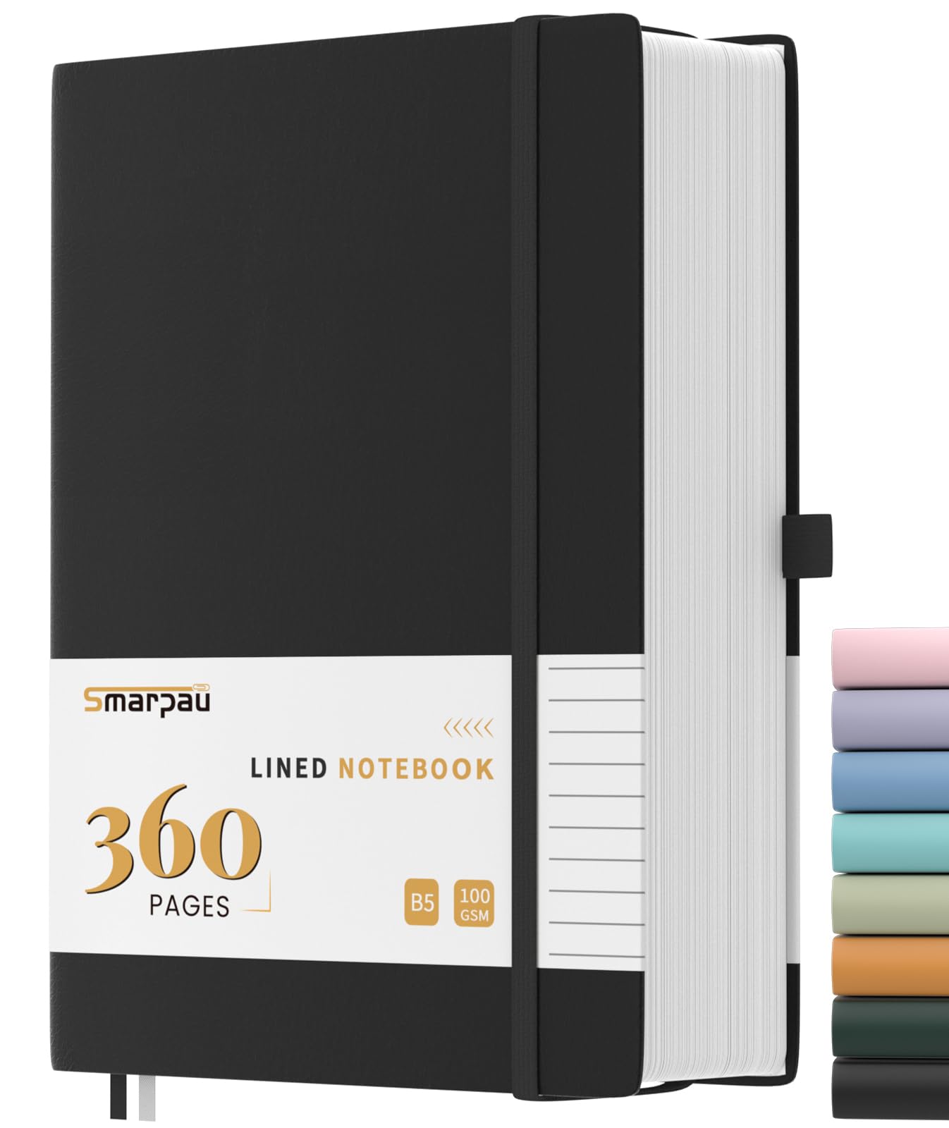 Smarpau B5 Journal Notebook, 360 Pages College Ruled Notebook, 100gsm Thick Lined Paper Hardcover Leather Journal with Index Tabs, Journals for Women Office School, 19 x 25 cm - Black