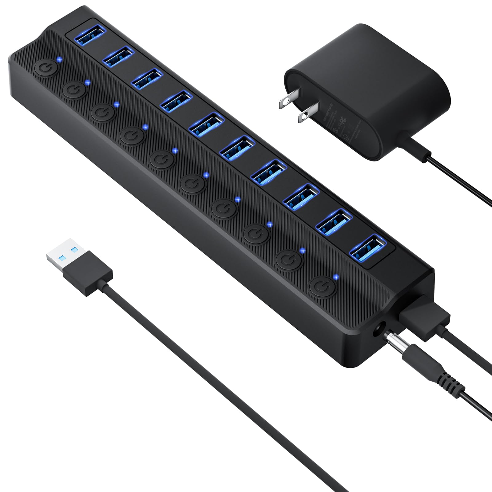 Powered USB Hub 3.0, 10-Port USB Splitter Hub with Individual On/Off Switches and 12V/2A Power Adapter USB Extension for MacBook, Mac Pro/Mini and More