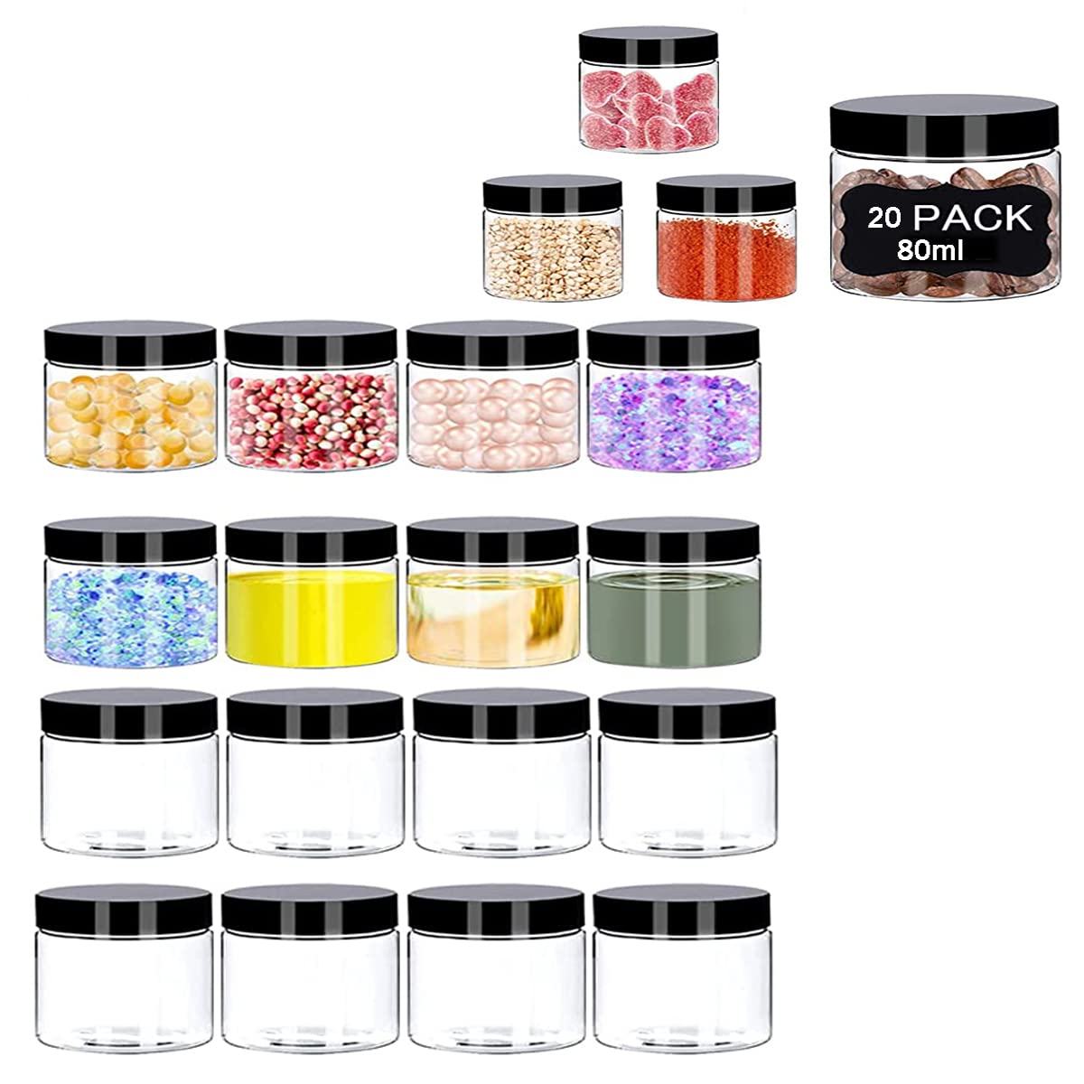 Plastic Clear Cosmetic Container Sample Jars Leak-proof with Lids for Lotion, Cream, Ointments, Makeup, Rhinestone, DIY Slime Making Samples, Travel Storage Bottle 20 Jars, 80 ML