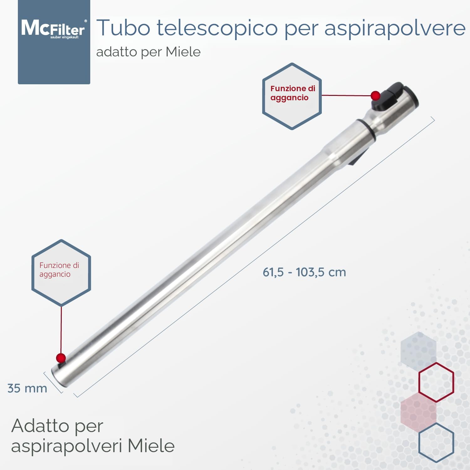 McFilter - Tubo telescopico adatto per tutti gli aspirapolvere Miele, ad esempio, S2, S4, S5, S6, S8, C1, C2, C3, in acciaio inox, con funzione clic