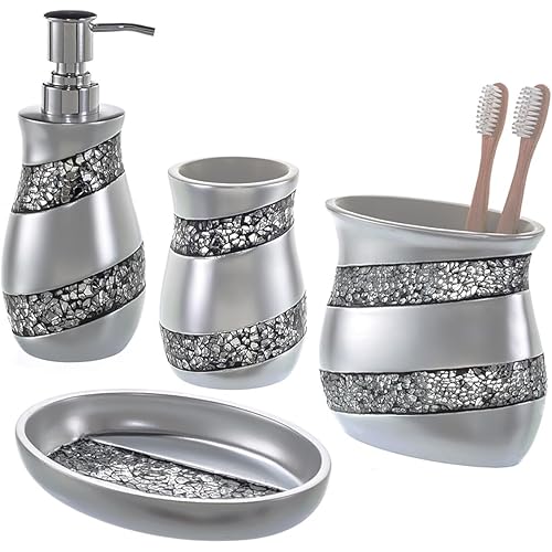 Creative Scents Silver Bathroom Accessories Set - Luxury Mosaic Glass Bathroom Accessory Set - 4 Piece Bathroom Set Includes: Soap Dispenser, Toothbrush Holder, Tumbler & Soap Dish - Gift Packaged