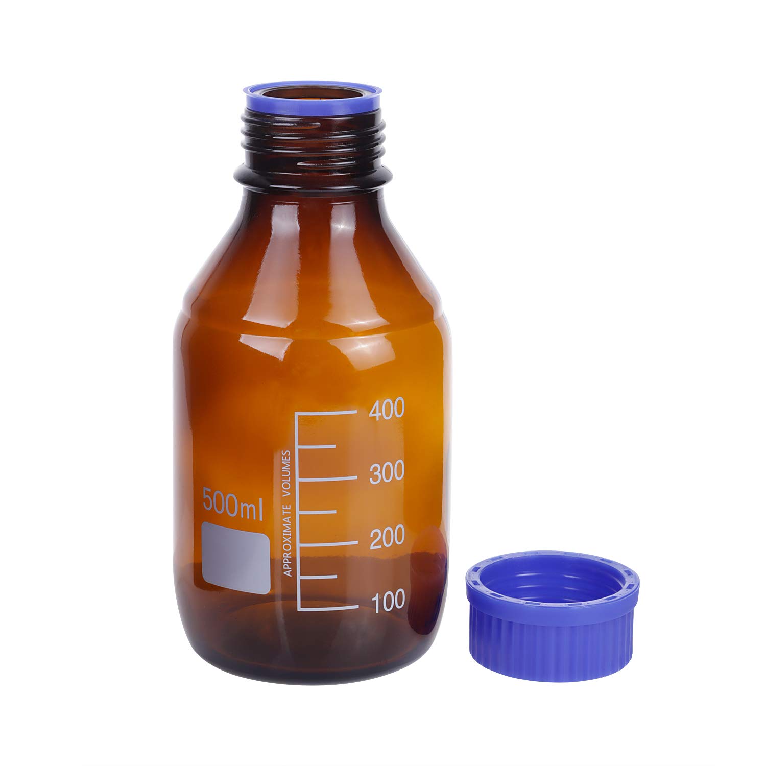 Paquete de 8 botellas de vidrio de borosilicato ámbar de 500 ml graduadas redondas de reactivo de laboratorio/almacenamiento con tapa de rosca azul GL45