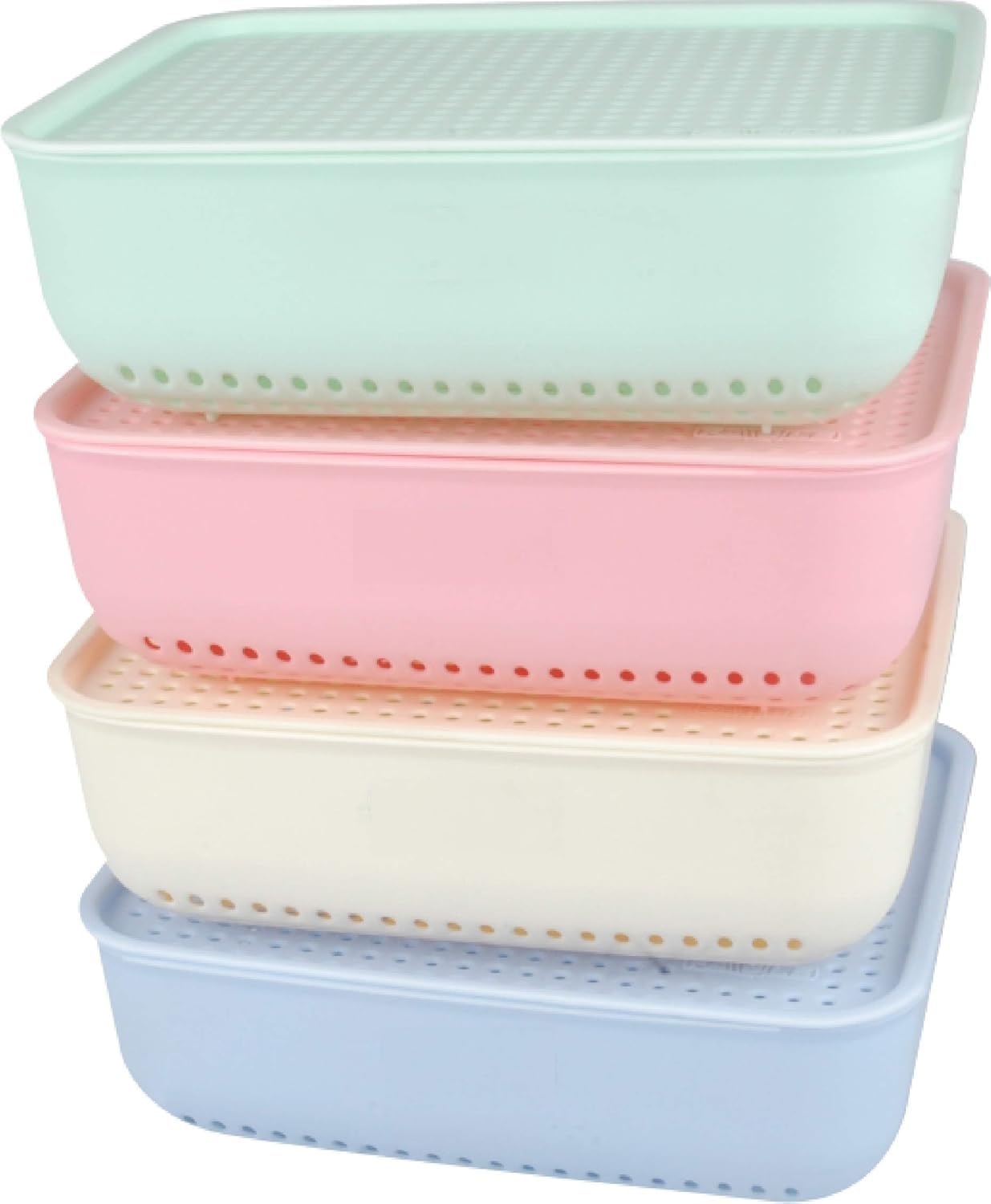 Combo of 4 Small Size Multipurpose Basket Storage Basket with Lid Plastic Box Organiser for Home Kitchen Storage Plastic Food Storage Containers with Drain Tray, Set of 4, Pastel Colors-image-6