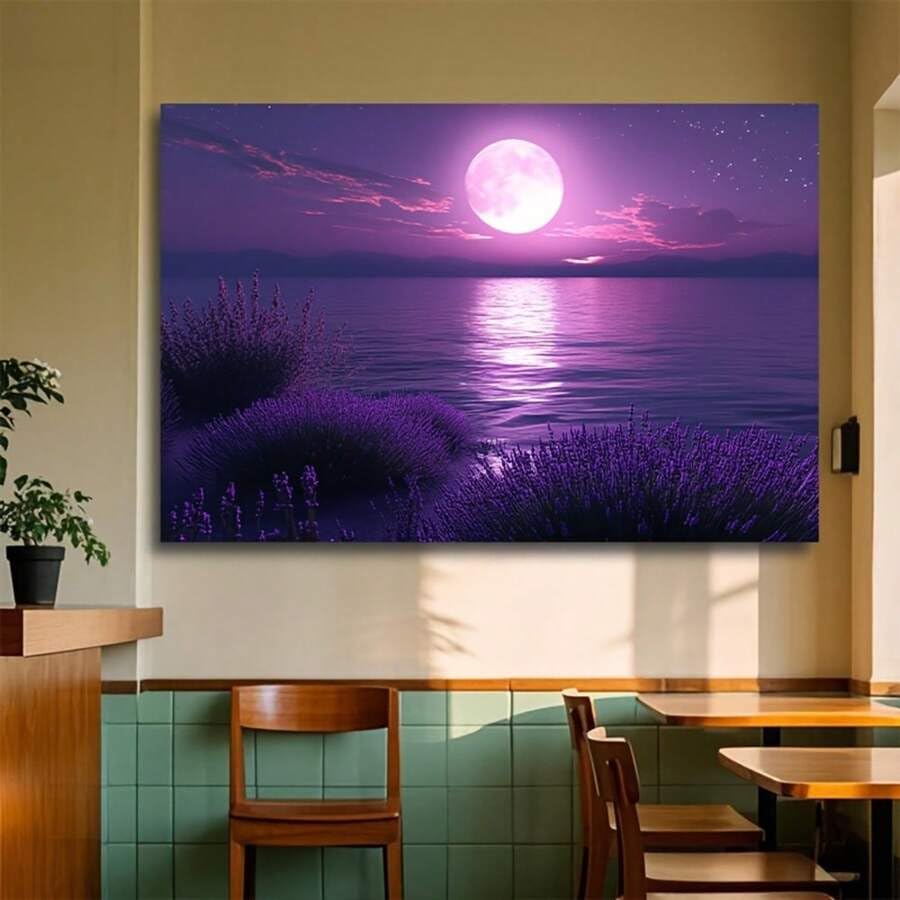 Ciel étoilé et champ lavande tableau 50x75cm pour sublimer un mur blanc vide