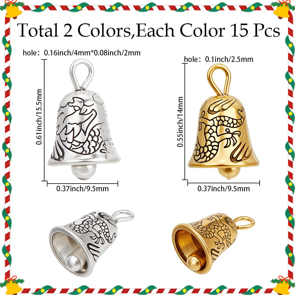 SUNNYCLUE 1 scatola 30 pezzi Ciondoli A Campana In Metlega Ciondolo A Campana Dorata con Totem di Drago Antico Argento Antico Oro Ciondoli Albero di Natale per Collana Orecchini Bracciale Creazione di