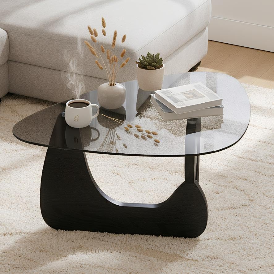 Miniatura 7 de LukeAlon Mesa auxiliar triangular moderna color negro y gris, parte superior de vidrio templado y base de madera, mesa auxiliar geométrica abstracta