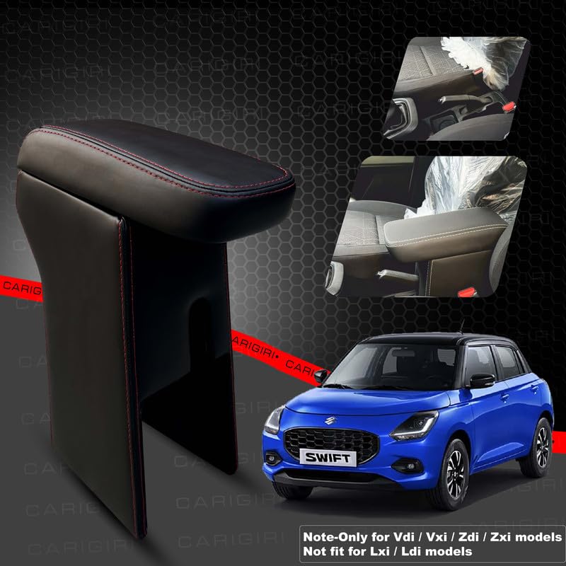 Image of Carigiri Premium Finish Car Armrest with Storage Box And High Density Moulded Foam For Maruti Suzuki Swift (Models-2024,2025)(ONLY FOR ZXI,ZDI /ZXI+ MODELS) (Red Seam,Nappa Leatherette)