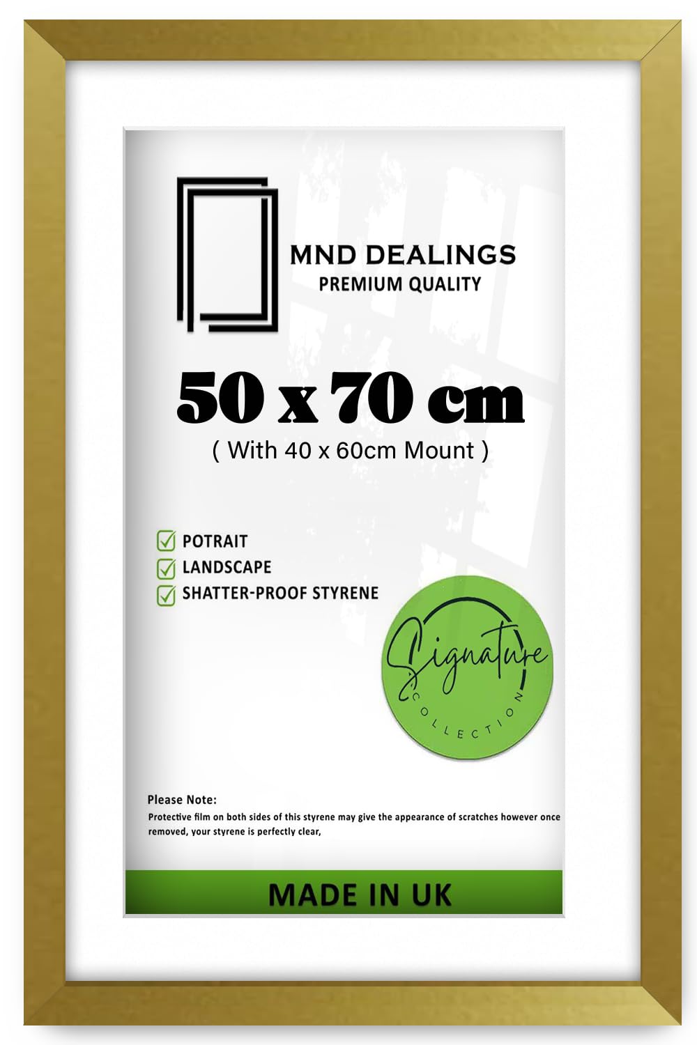MND Dealings | Gold MDF (50 x 70 cm) Poster Frame with 60 x 40 cm White Mount | 70 cm x 50 cm Frame Gift for Family Wedding Birthday [ Gold ]