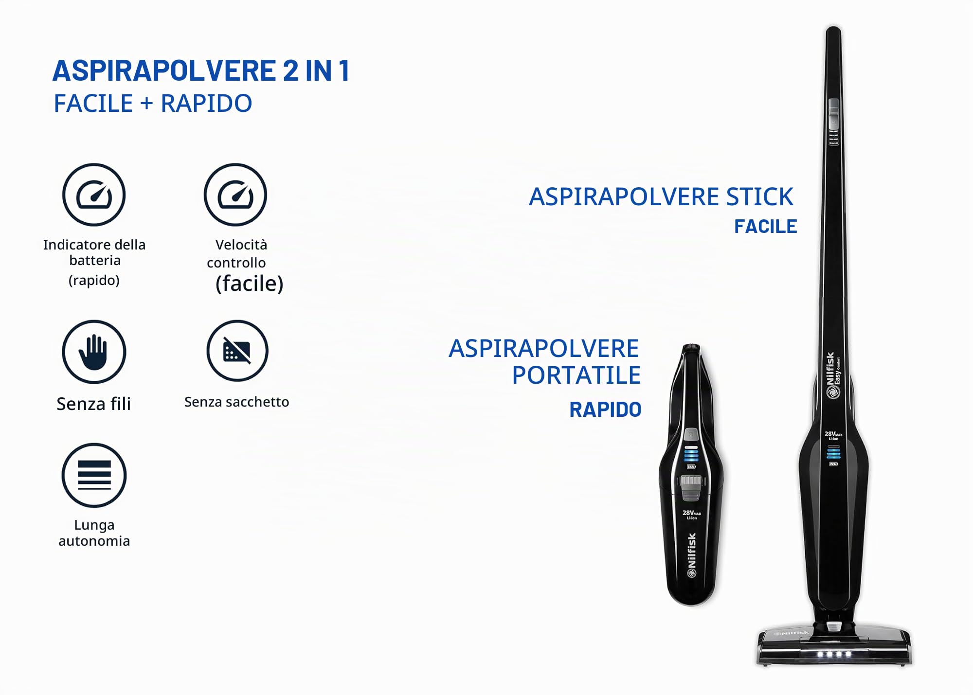Nilfisk Aspirapolvere Easy 2 in 1 - Aspirapolvere Verticale e Portatile - Senza Filo e Senza Sacchetto per Pavimenti, Tappeti e Scrivanie - Nero (28 V)