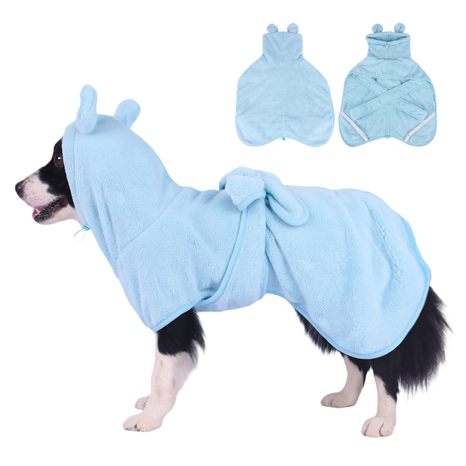 Yoolhamy Dog Drying Coat Super Absorbent Pet Towel Robe Cute Bathrobe Fast Dry Bath Robe with Hood, Thick & Soft Robe - Bath, Groom & Travel (Coral Velvet Blue, L)