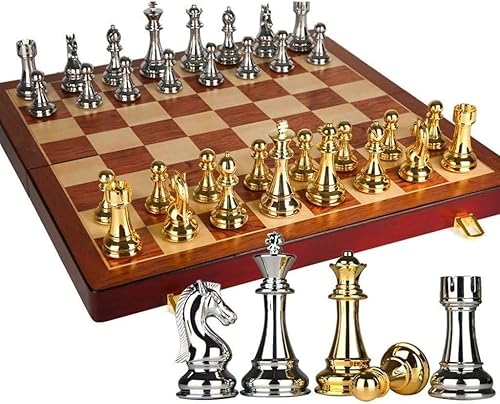 PZFC Juego de ajedrez grande de metal plegable portátil de madera para niños y adultos principiantes juego de mesa, regalos de alta gama