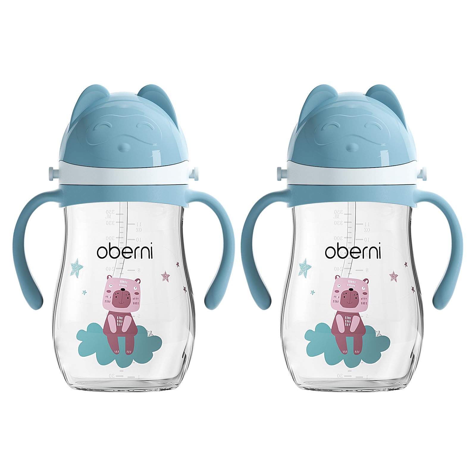 Oberni No Spill Toddler Sippy Cup, Weighted Straw Baby Water Bottle with Handle&Strap for 12 Months +, BPA-Free | Tritan | Leak Proof Valved Spout | 350ml | Blue | Pack of 2