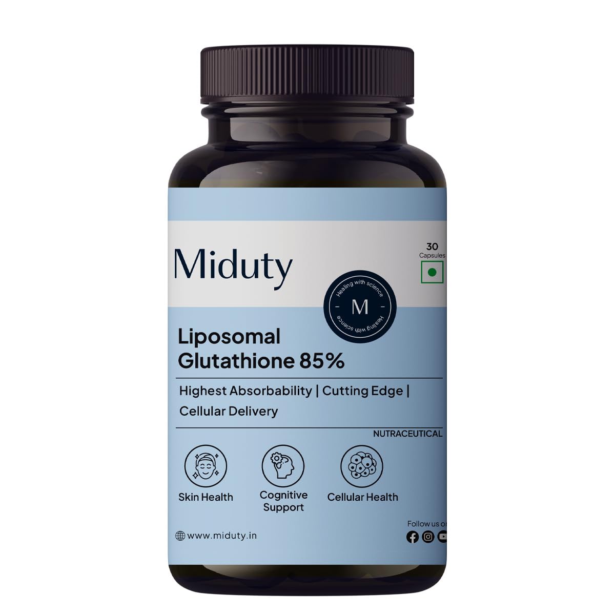 Miduty Liposomal Glutathione 85% 650 mg - Advanced Nano-Liposomal Formula with Lipoglo | Enhanced Absorption - TEM Verified - 30 Veg Capsules