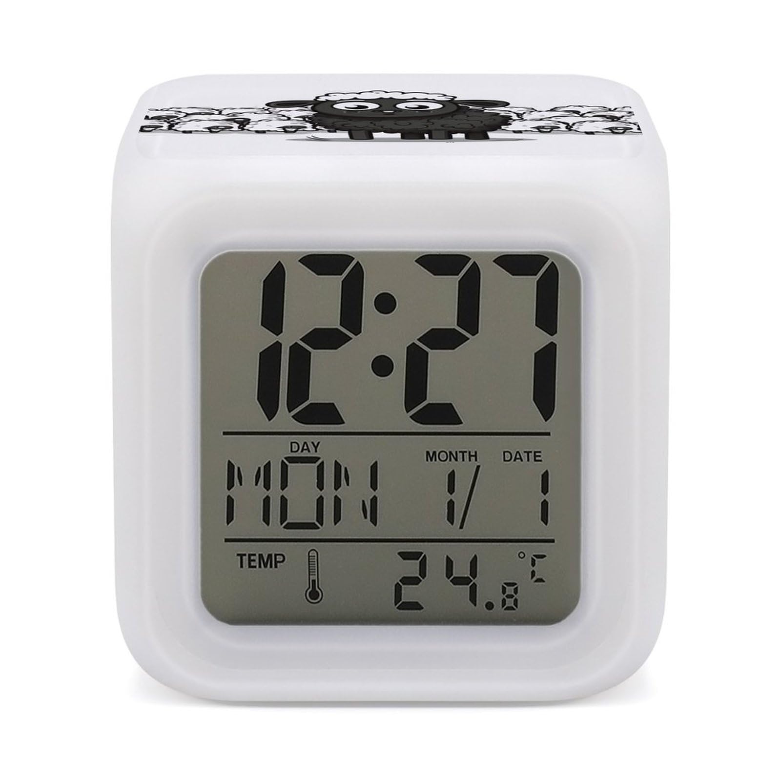 VstaDank Cartoon Black White Sheep Digital Alarm Clock LED Display Screen Color Change Alarms Clock Smart Alarm Clock Wake Up Digital Clocks with 7 Color Nightlight for Bedroom