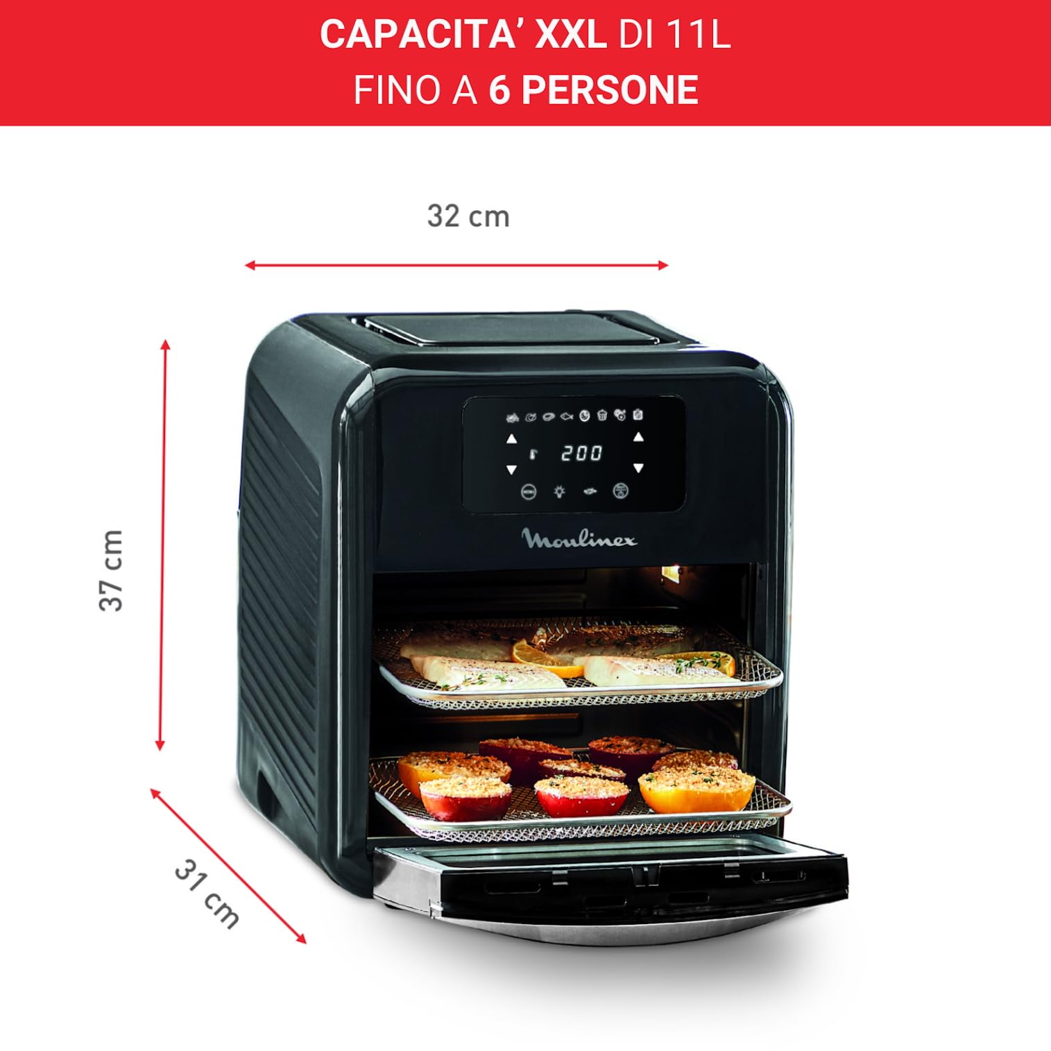 Moulinex Friggitrice ad Aria Calda, Fornetto Elettrico, 11 Litri, Easy Fry Oven & Grill,2000W, Friggitrice Senza Olio, 9 Funzioni, 8 Programmi Automatici,Capacità 6 Persone, 7 Accessori Inclusi AL5018