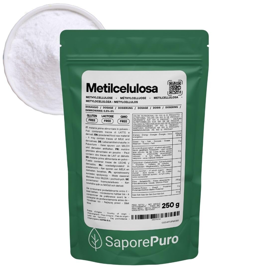 SaporePuro Metilcelulosa en Polvo 250 g – Espesante Natural Sin Gluten para Uso Alimentario, Cosmético e Industrial